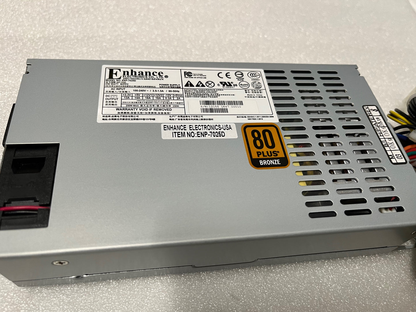 ENP-7025D, Original Enhance Electronics 250W IPC 1U PC/ Computer Power Supply w/ PFC, 80 Plus Bronze